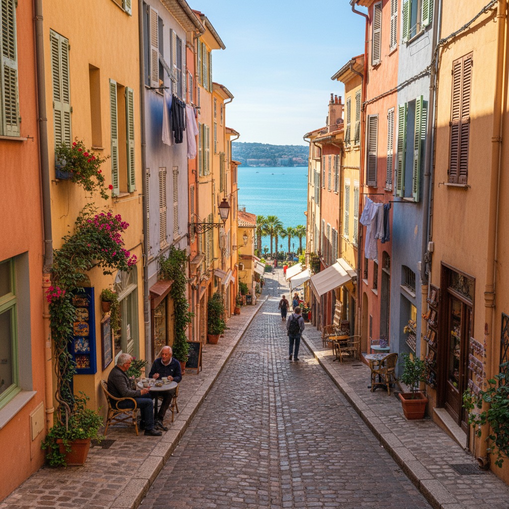 Due edifici colorati incorniciano una stradina acciottolata che scende verso il mare luminoso sullo sfondo.