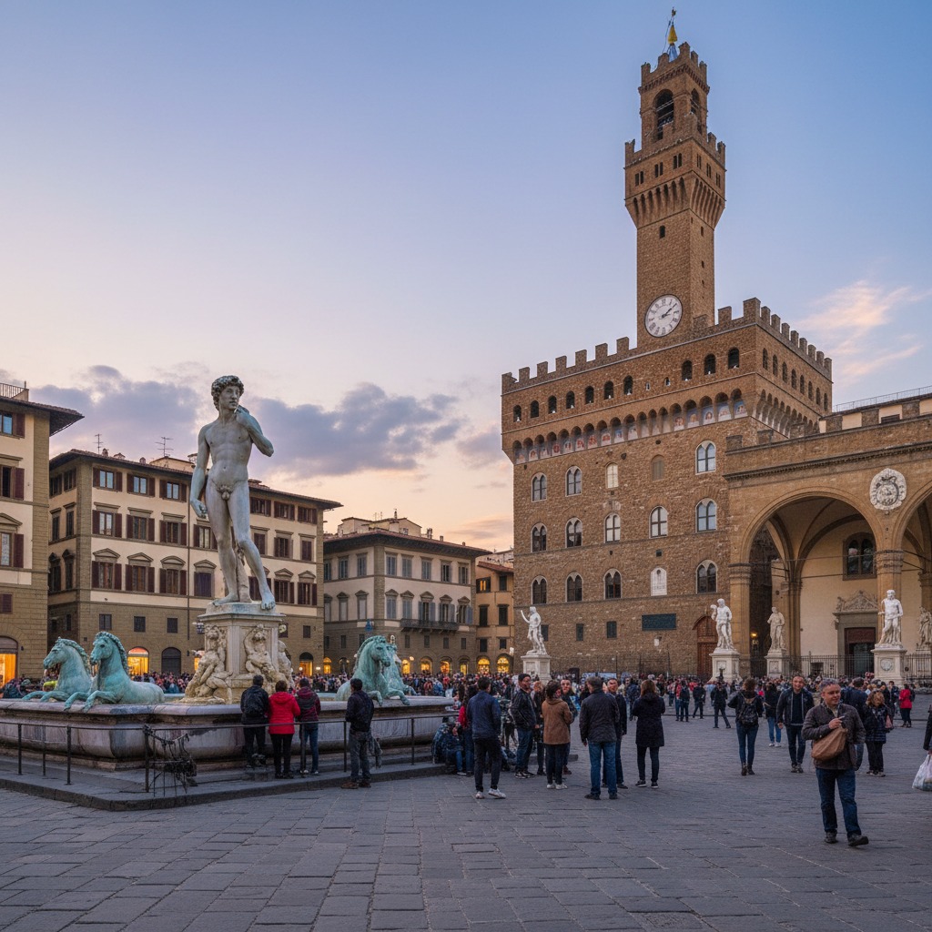 Una veduta di Piazza della Signoria a Firenze al tramonto, con la statua del David in primo piano e Palazzo Vecchio sullo sfondo.