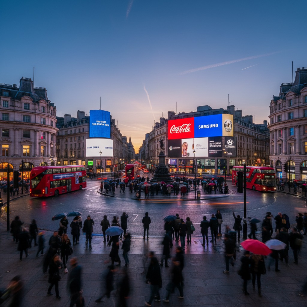 Vista panoramica al crepuscolo di Piccadilly Circus a Londra, con autobus rossi a due piani, grandi cartelloni pubblicitari luminosi e una folla di persone con ombrelli.