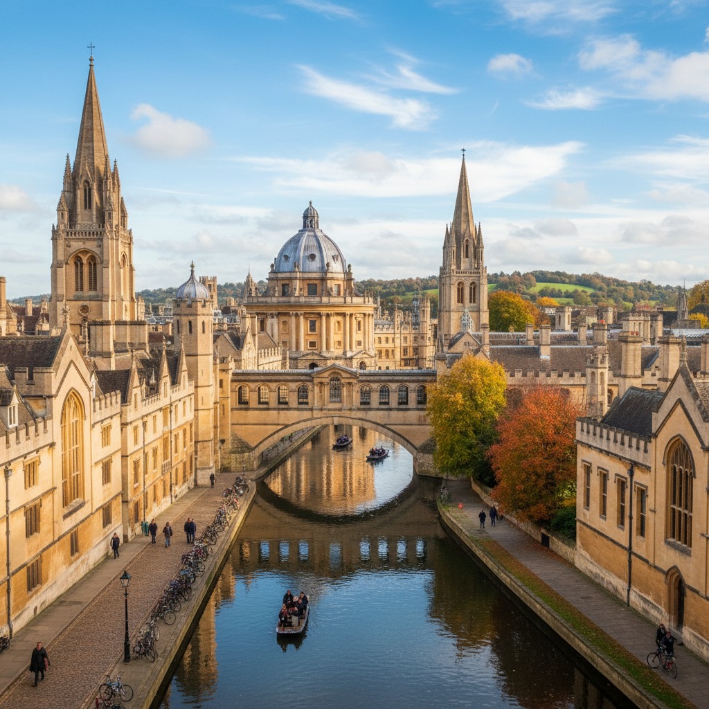 Una vista panoramica di Oxford con il fiume Cherwell che scorre tra edifici storici in pietra, tra cui la cupola della Radcliffe Camera e guglie gotiche.