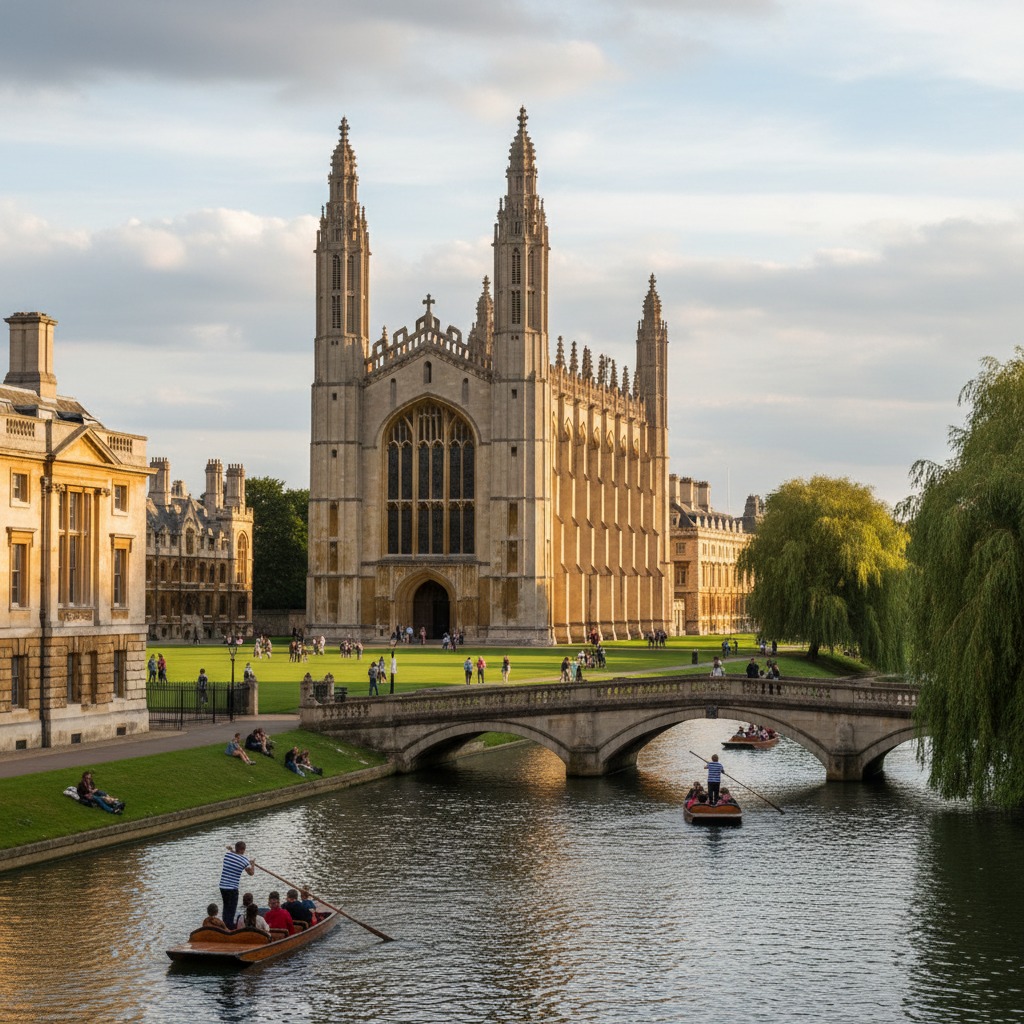 Vista panoramica di King's College Chapel a Cambridge, con persone che passeggiano sul prato e altre che fanno un giro in barca sul fiume Cam.