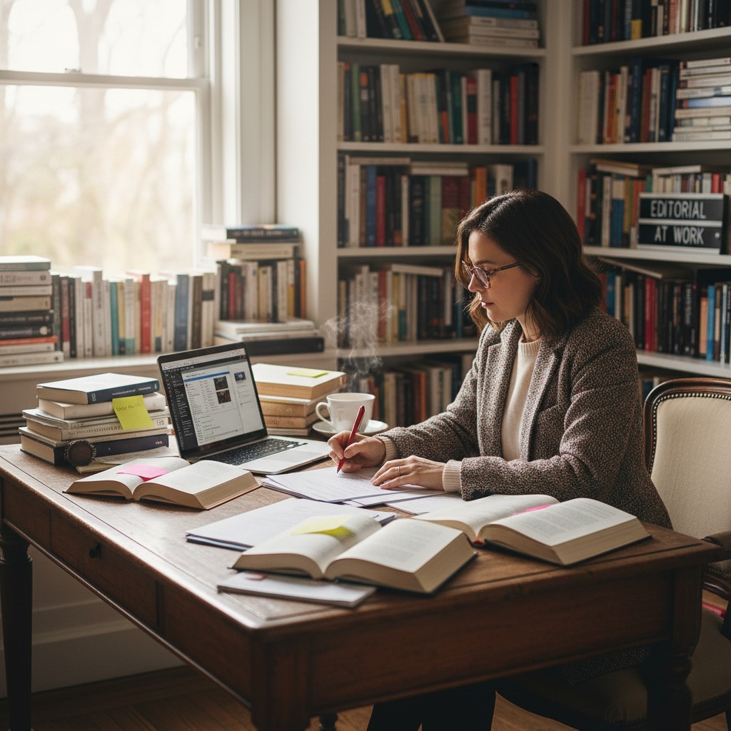 Una donna con gli occhiali siede a una scrivania in legno colma di libri e appunti, intenta a scrivere su un foglio accanto a un computer portatile.