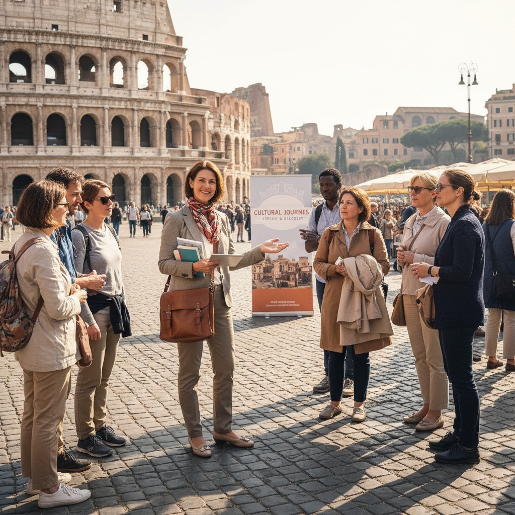 Una guida turistica parla a un gruppo di persone di fronte al Colosseo a Roma.