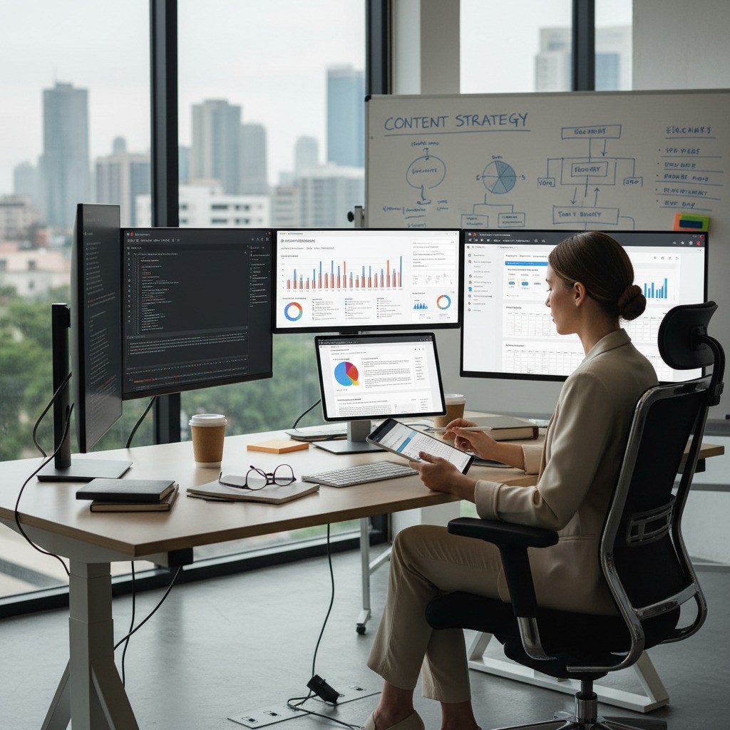 Una professionista lavora a una scrivania con più monitor e schermi che mostrano grafici e codici, di fronte a una grande finestra con vista sulla città.