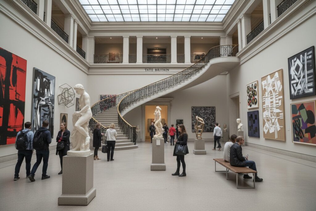 I visitatori ammirano le sculture e i dipinti nella hall centrale della Tate Britain, caratterizzata da un'ampia scalinata curva e soffitto in vetro.