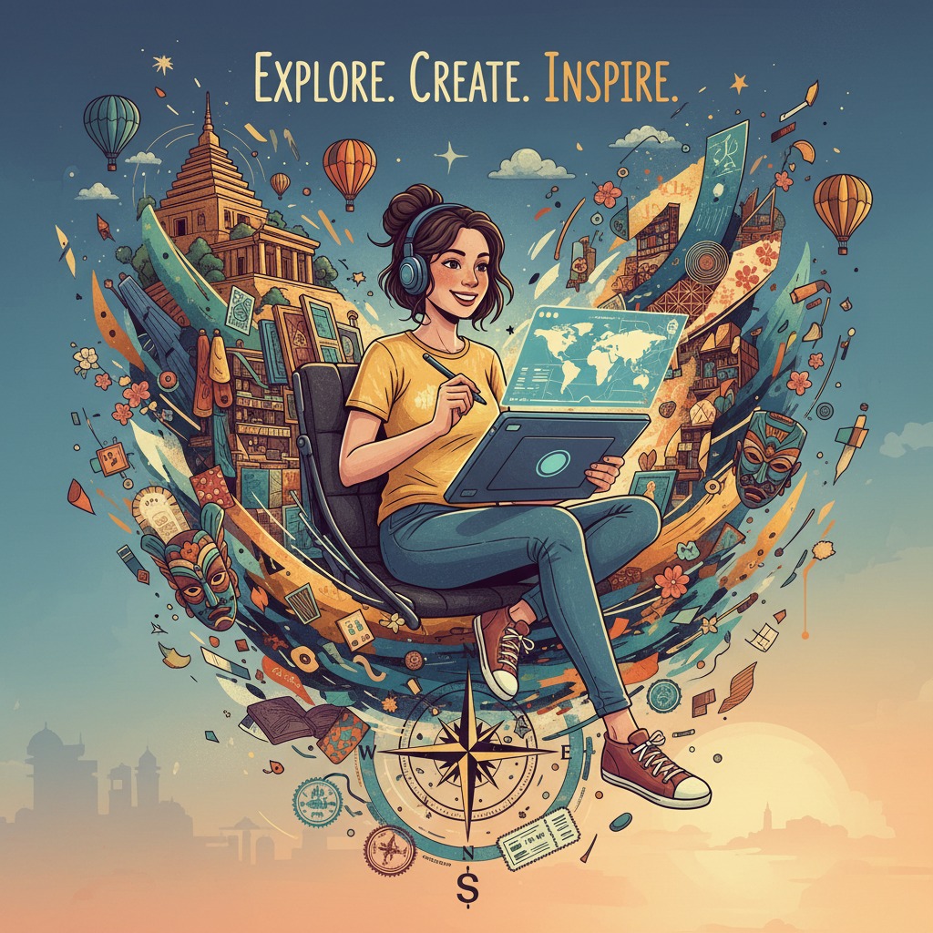 Illustrazione colorata di una donna con cuffie che disegna su un tablet digitale, circondata da elementi di viaggio e dalla scritta Explore. Create. Inspire.