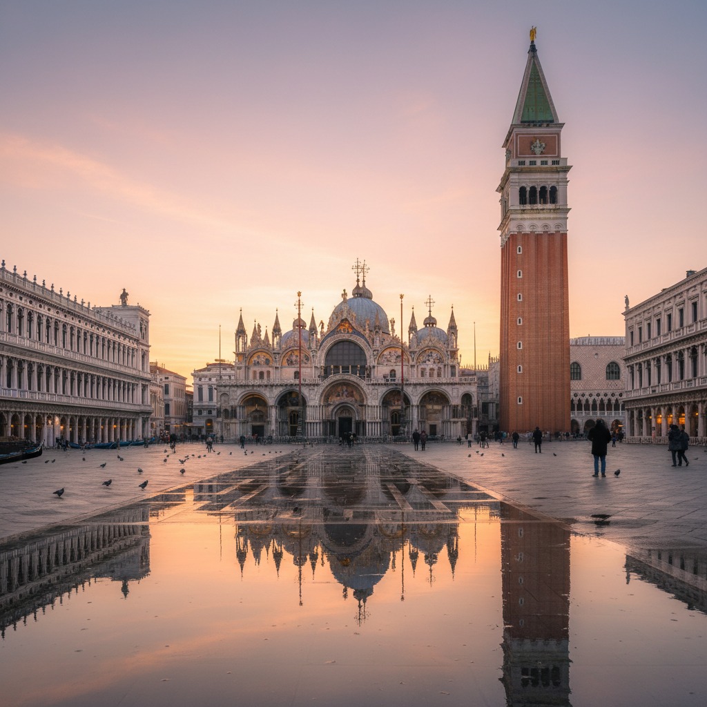 Piazza San Marco a Venezia all'alba con la Basilica e il Campanile riflessi in una grande pozzanghera d'acqua a terra.