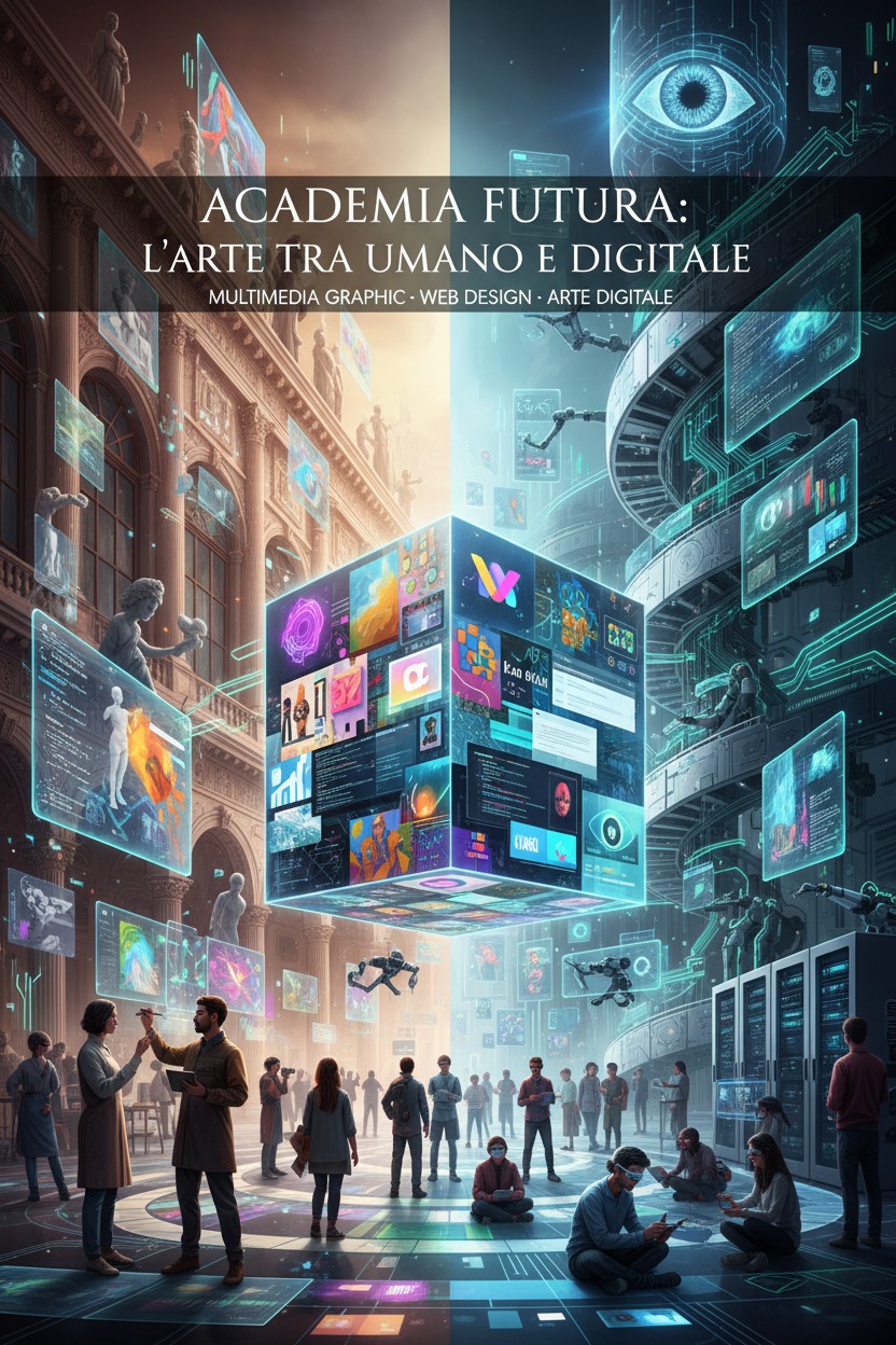 Un'illustrazione futuristica mostra un grande cubo luminoso al centro, diviso tra un lato classico con architetture e statue antiche e un lato tecnologico con server e ologrammi blu, con la scritta "ACADEMIA FUTURA: L'ARTE TRA UMANO E DIGITALE".