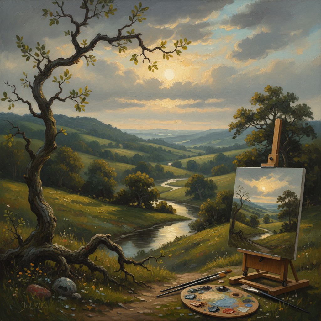 Un cavalletto con una tela dipinta si erge su una collina che domina una valle verde attraversata da un fiume sinuoso sotto un cielo nuvoloso al tramonto.