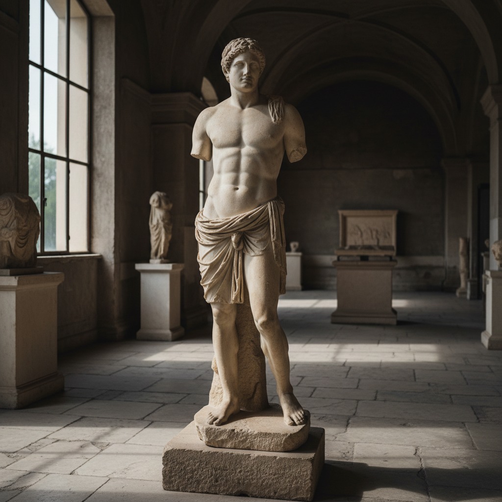 Una statua classica in marmo di un giovane uomo eretto in un museo luminoso.