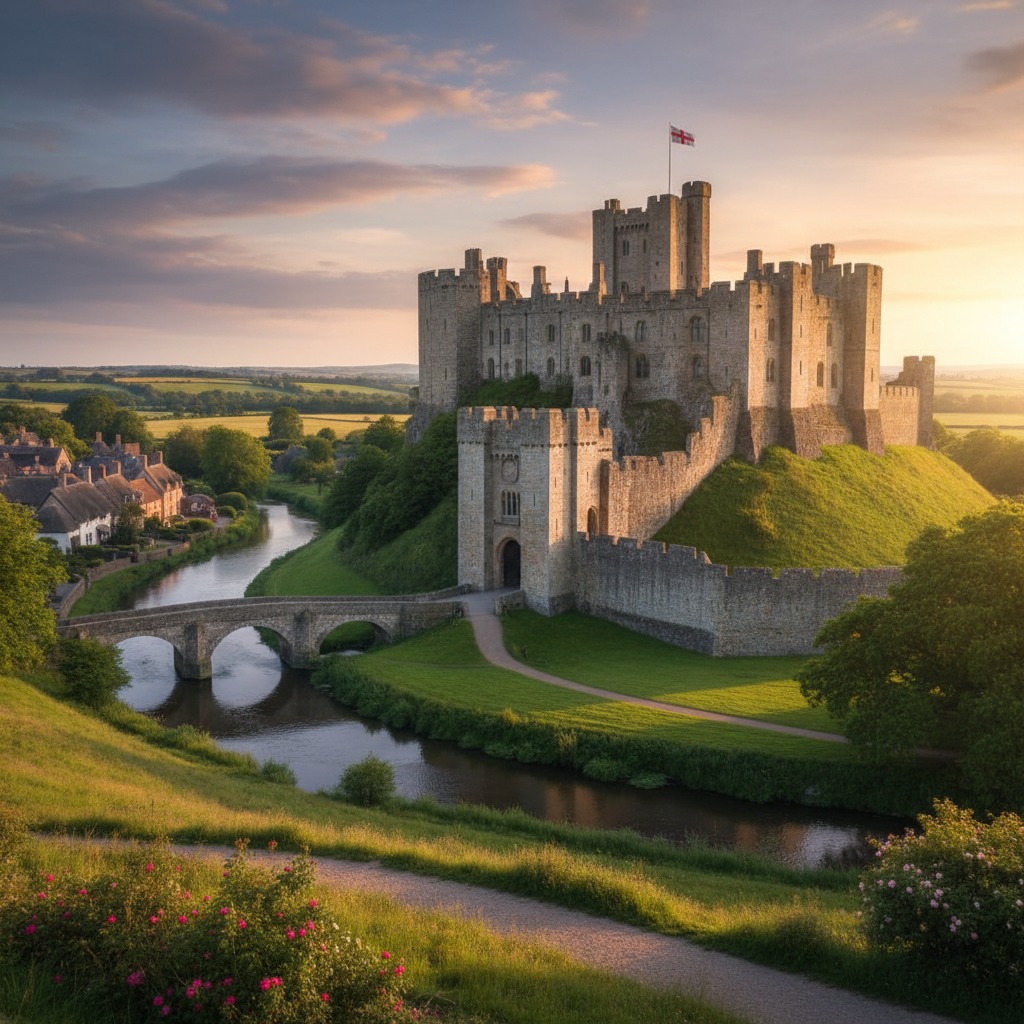 Un grande castello medievale in pietra sorge su una collina verde al tramonto, con un fiume e un ponte in primo piano.