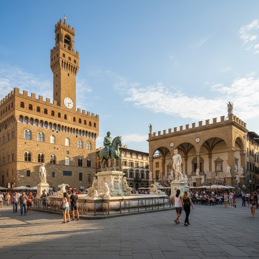 Veduta di Piazza della Signoria a Firenze con Palazzo Vecchio, la Loggia dei Lanzi e le statue storiche.