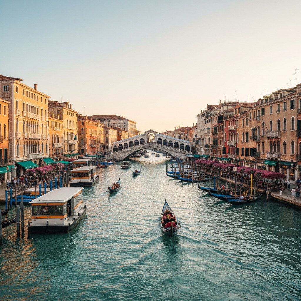 Veduta panoramica del Canal Grande a Venezia, con gondole in movimento e il Ponte di Rialto sullo sfondo tra edifici storici.