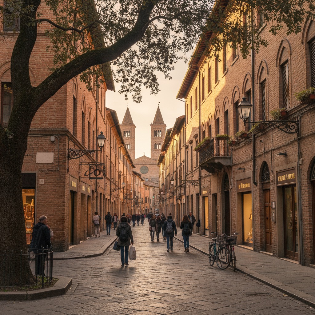 Persone camminano lungo una via lastricata in pietra fiancheggiata da edifici in mattoni storici con negozi al piano terra e due torri sullo sfondo al tramonto.