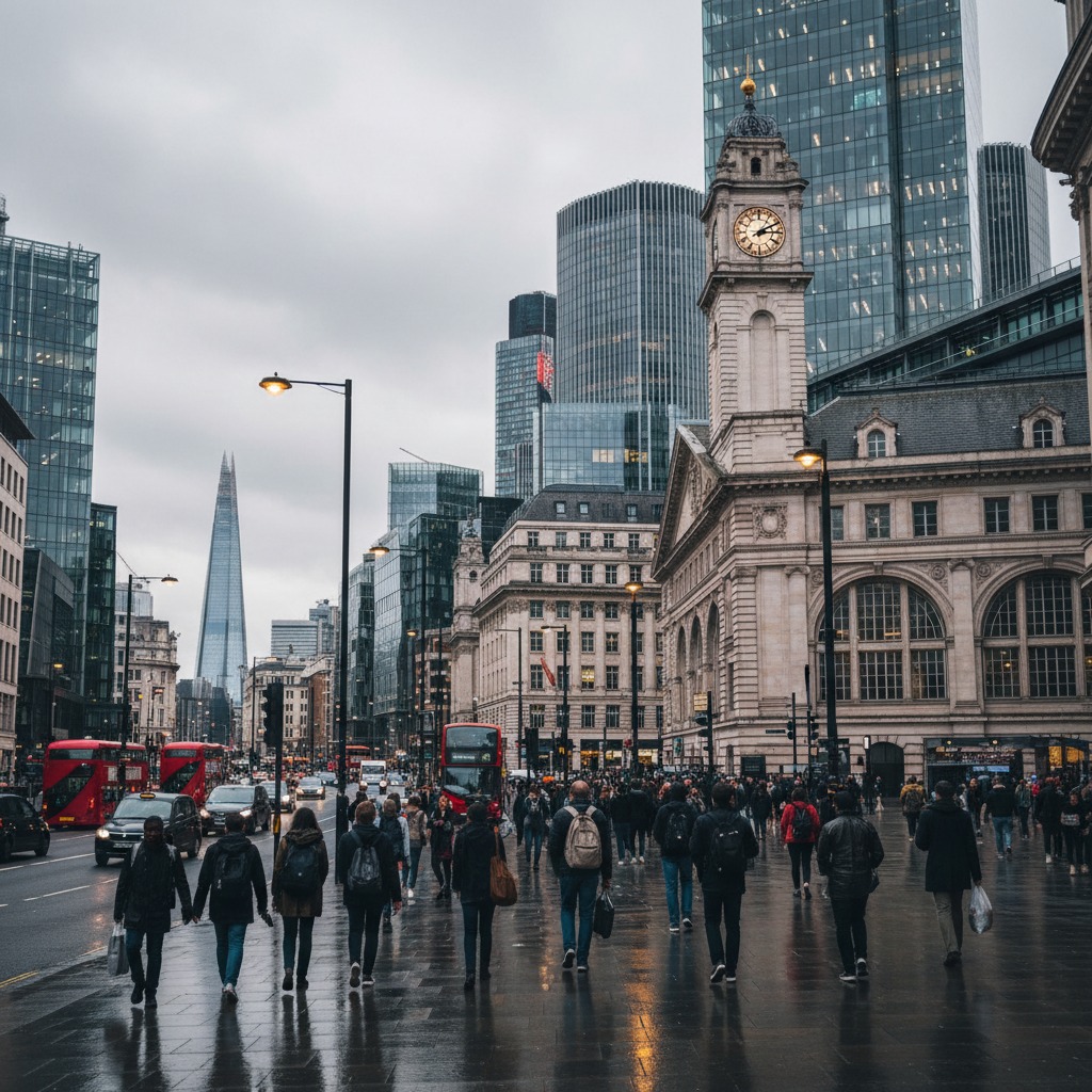 Una folla di persone cammina sul marciapiede bagnato di Londra, con grattacieli moderni e un edificio storico con torre dell'orologio sullo sfondo.