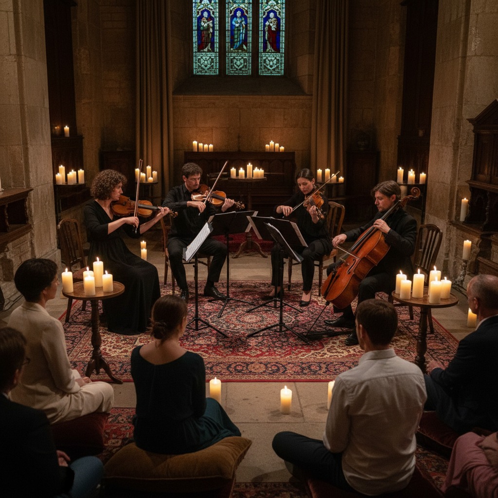 Un quartetto d'archi suona in una chiesa illuminata da numerose candele, di fronte a un piccolo pubblico seduto sul pavimento.