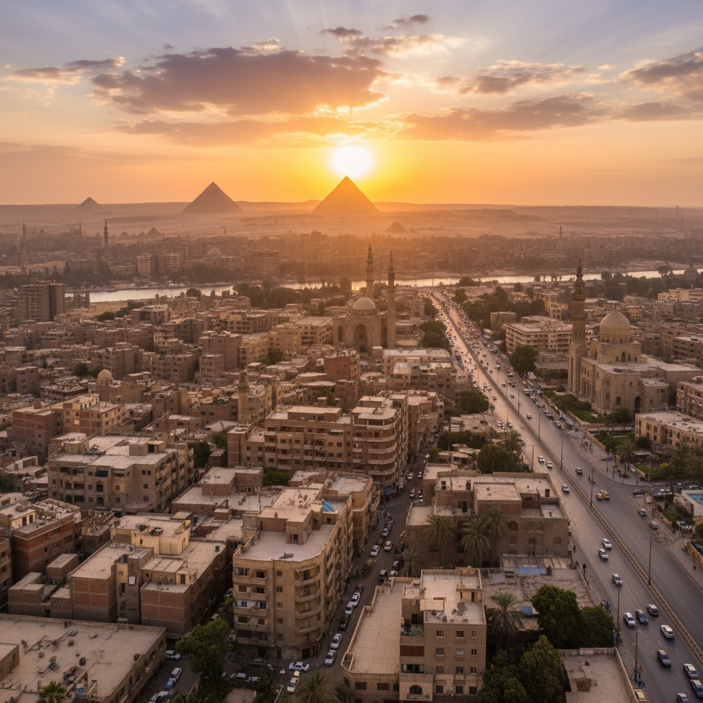 Tramonto a Il Cairo con le piramidi di Giza sullo sfondo e una strada trafficata in primo piano.