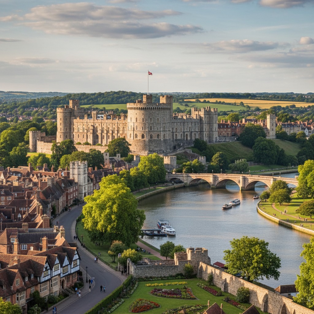 Veduta aerea di Windsor Castle che si erge imponente sopra la cittadina e il fiume Tamigi in una giornata soleggiata.