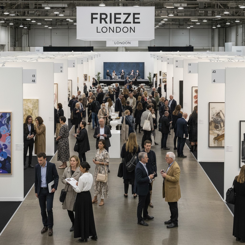 Visitatori e galleristi affollano i corridoi e i padiglioni della fiera d'arte Frieze London, sotto un grande cartello sospeso.