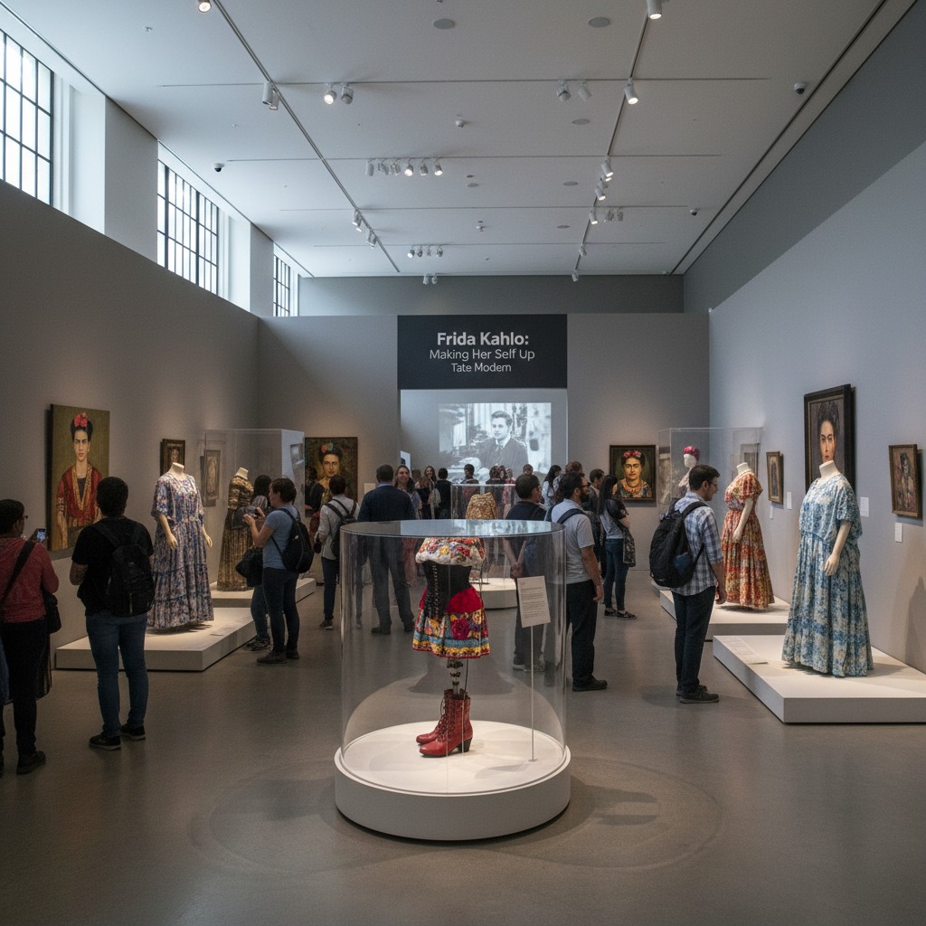 Visitatori ammirano abiti e dipinti esposti nella galleria Frida Kahlo alla Tate Modern.