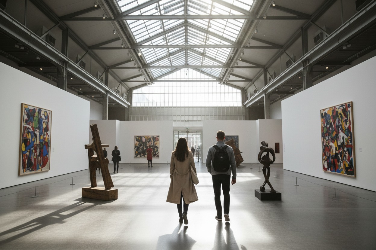 Due persone camminano di spalle in una galleria d'arte luminosa e spaziosa, con dipinti e sculture esposti lungo le pareti bianche.