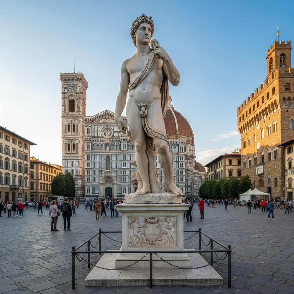 La statua in marmo di Ercole e Caco in primo piano in Piazza della Signoria a Firenze, con il Duomo e Palazzo Vecchio sullo sfondo.