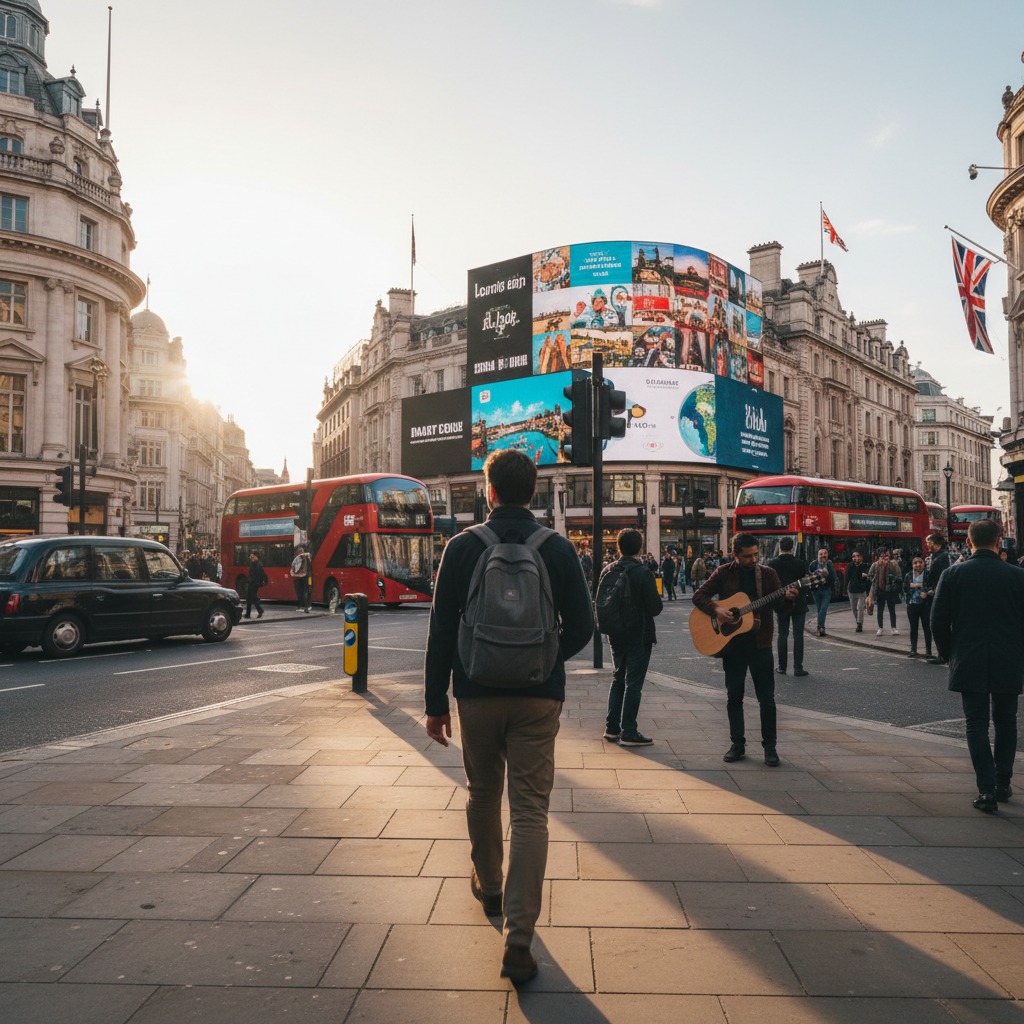 Un uomo con uno zaino cammina su un marciapiede a Londra, con autobus rossi a due piani e maxischermi pubblicitari sullo sfondo.