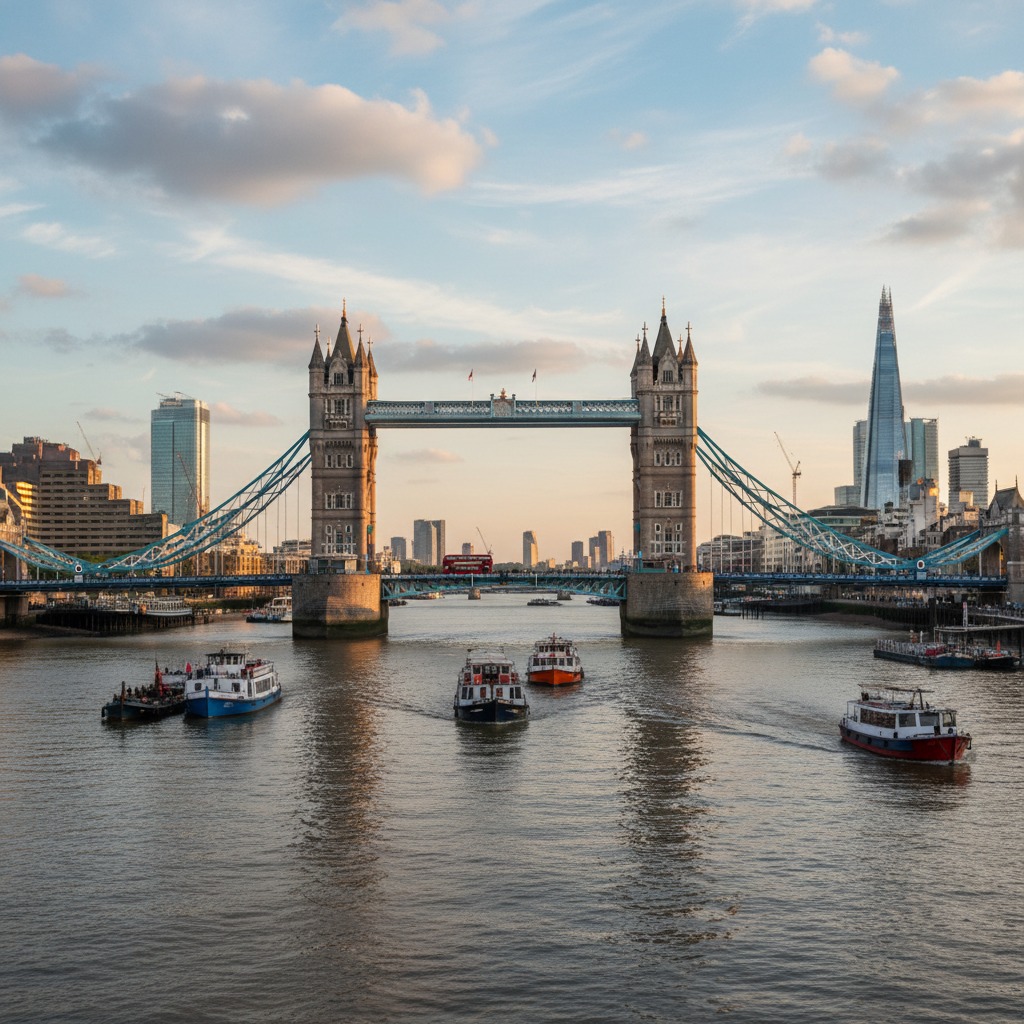 Il Tower Bridge di Londra si erge sul fiume Tamigi, solcato da diverse imbarcazioni, con lo skyline della città sullo sfondo.