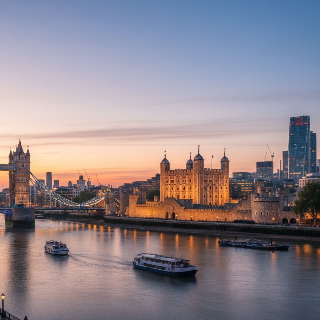 La Torre di Londra e il Tower Bridge si ergono lungo il Tamigi al tramonto, con battelli che navigano nel fiume e i grattacieli moderni sullo sfondo.