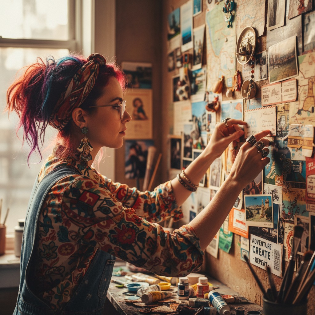 Una donna con capelli colorati e occhiali appende una cartolina su una bacheca di sughero ricoperta di ricordi di viaggio.