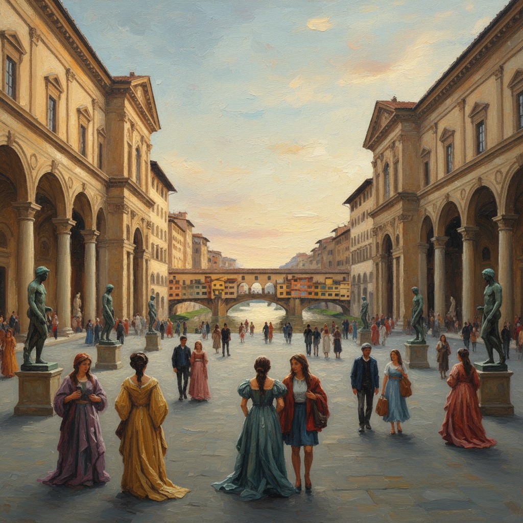 Un dipinto ad olio raffigura una piazza rinascimentale italiana circondata da maestosi edifici porticati con statue, con una vista sul Ponte Vecchio sullo sfondo.