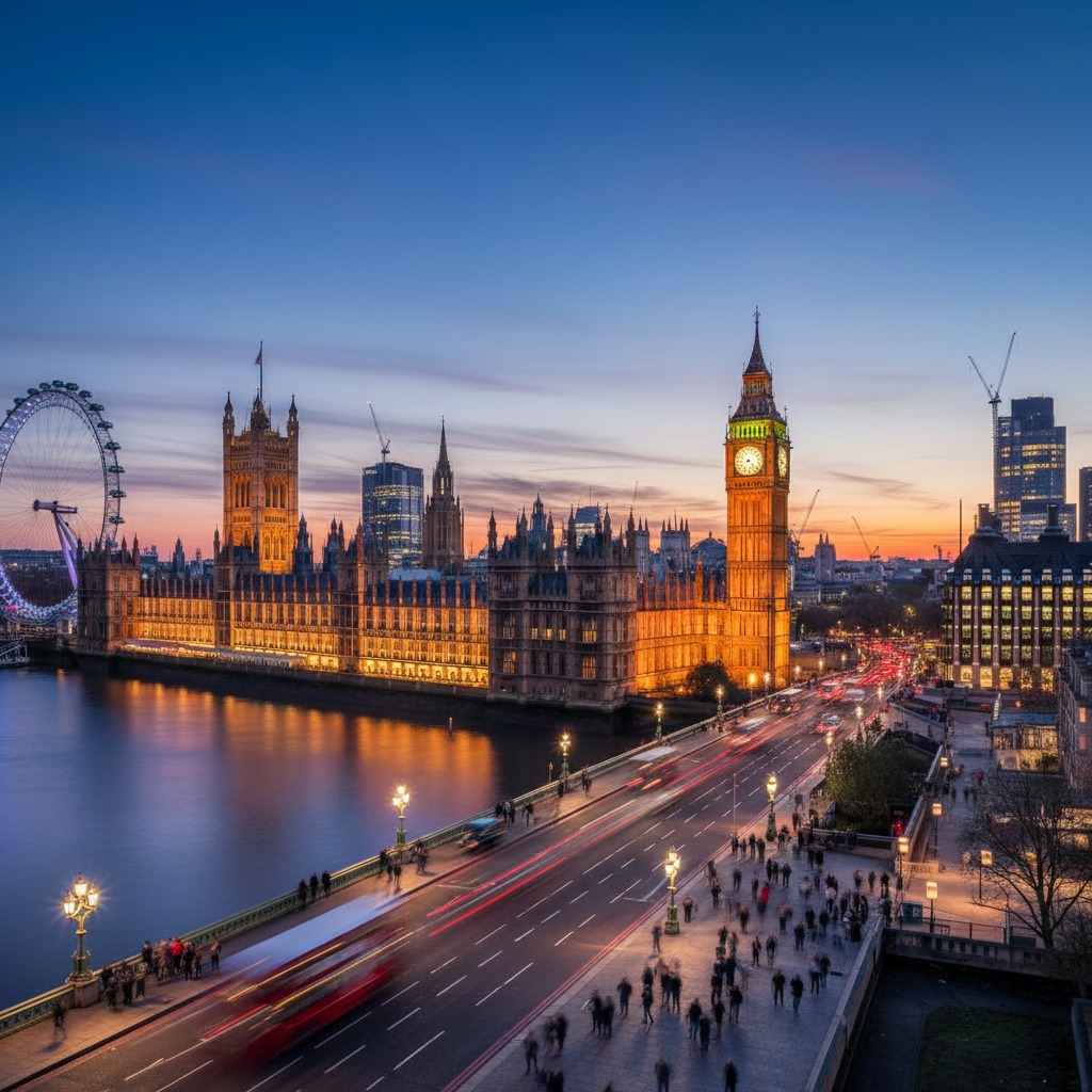 Il Parlamento di Londra e il Big Ben illuminati al crepuscolo, con il Tamigi in primo piano e il traffico stradale sul ponte.