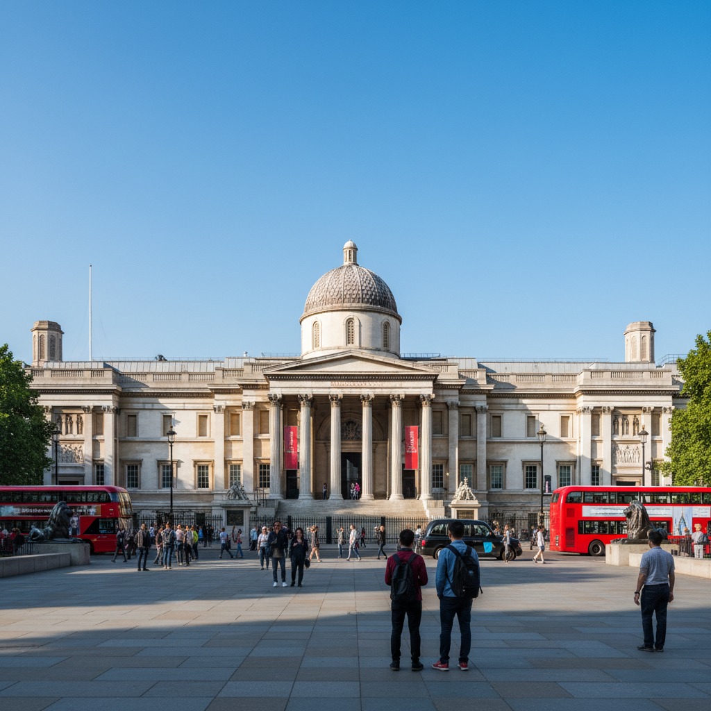 La National Gallery a Londra vista da Trafalgar Square con turisti e autobus rossi in primo piano sotto un cielo sereno.