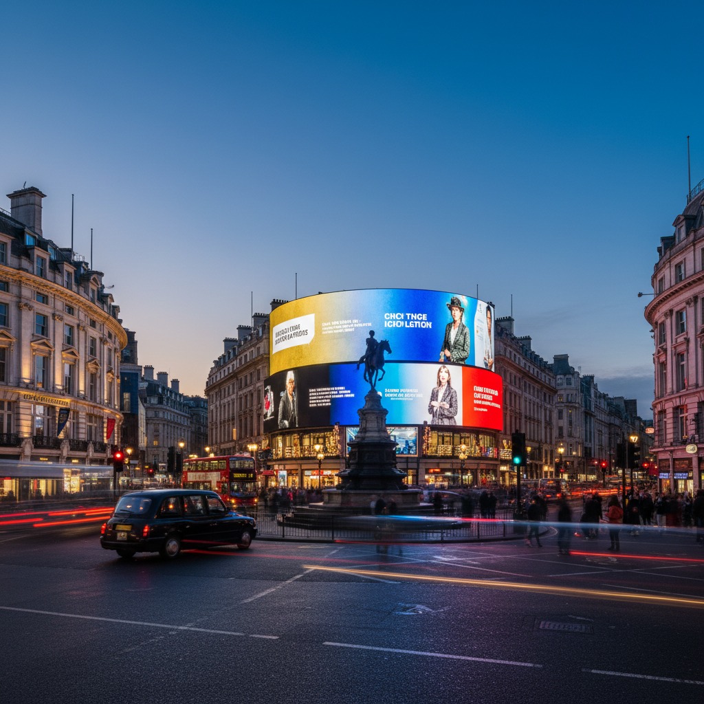 Un taxi nero e un autobus rosso attraversano la vivace Piccadilly Circus a Londra, illuminata da grandi schermi pubblicitari digitali al crepuscolo.